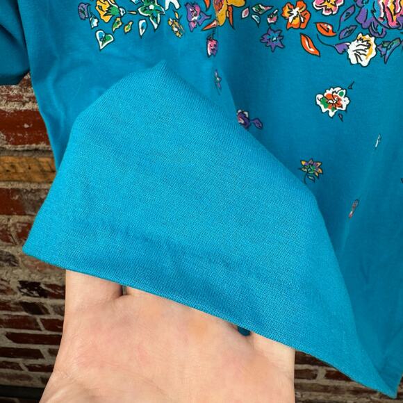 Vintage Flower Shirt Sz XL Blue Single Stitch Crewneck Floral Leaves Casual 90s - Picture 8 of 9